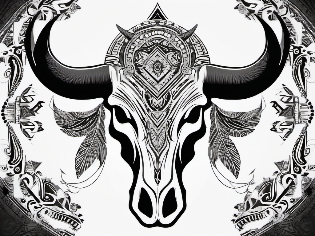 Tribal-style bull skull ink. Cultural connection to power.  minimalist black white tattoo style