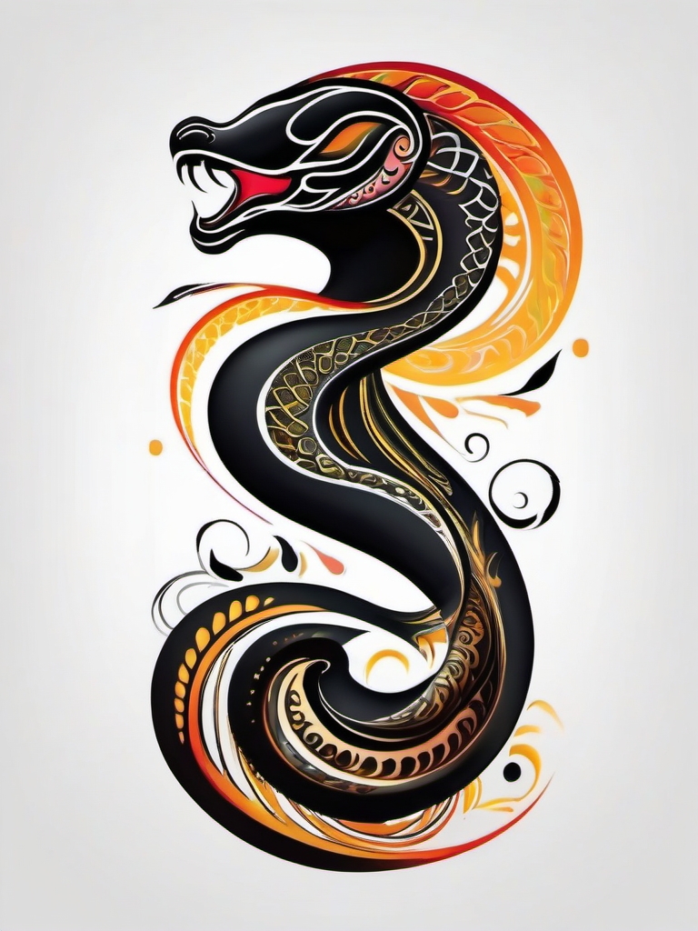 Abstract black mamba swirls tattoo. Whimsical serpent dance.  color tattoo, white background