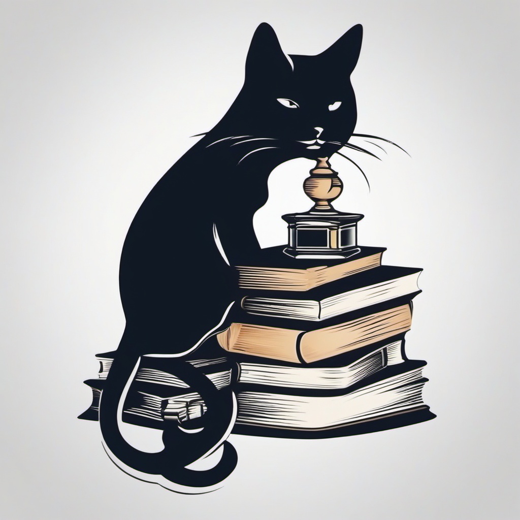 Book and Cat Tattoo - Tattoo featuring a combination of a cat and a book.  minimal color tattoo, white background