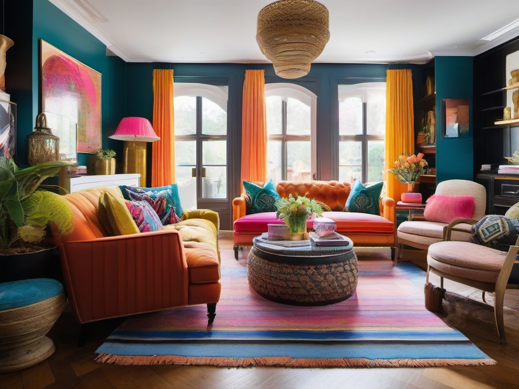 Maximalist interior design in the living room bursts with vibrant colors, layered textures, and an eclectic mix of furniture and decor that creates a lively and inviting atmosphere.  