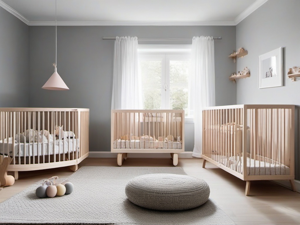 Scandinavian-style nursery with IKEA pastel-colored cribs, HAY wooden toys, and Benjamin Moore soft grey walls.  