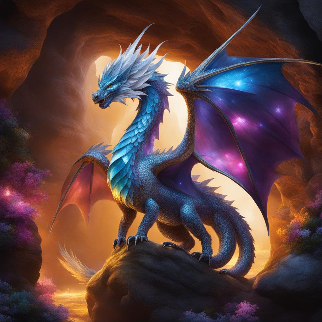 crystal dragon residing within a cavern of glittering gemstones, its crystalline wings refracting light in all directions. 