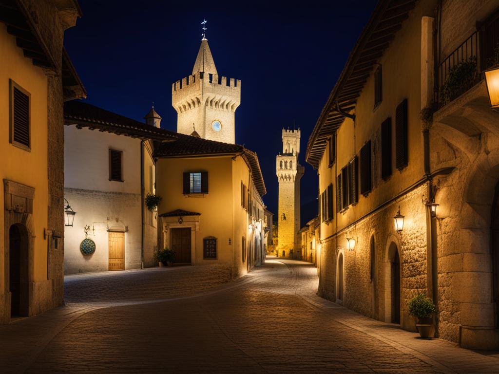 san marino - paint the medieval charm of san marino, with its historic towers and fortifications lit up against the night sky. 