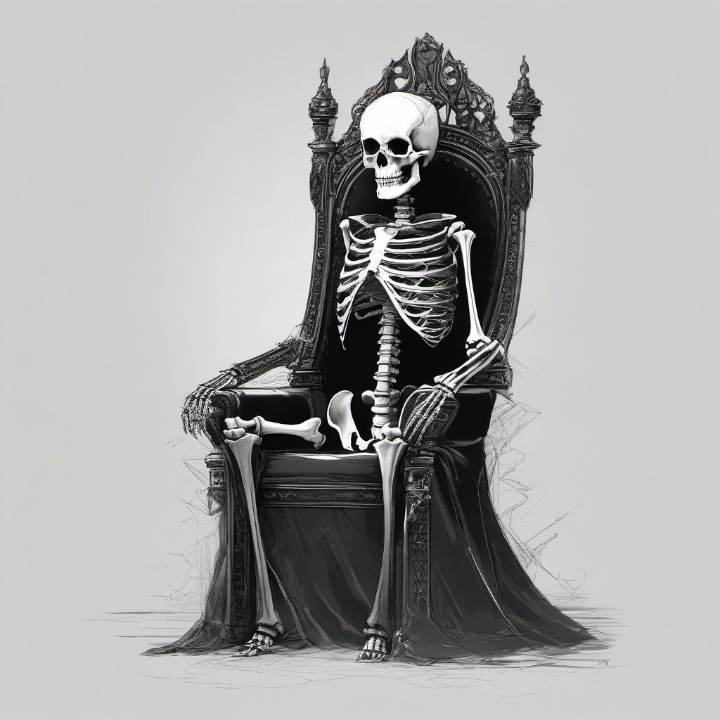 drawing of a skeleton on a throne  minimal rough sketch scribbles,doodles,black and white