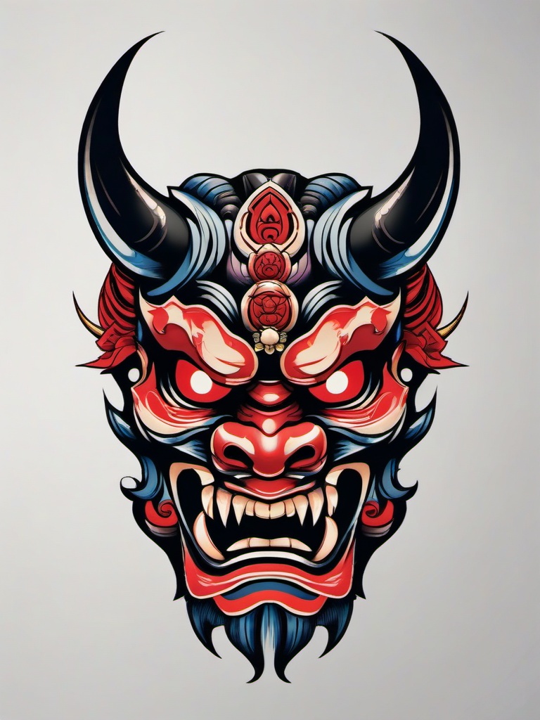 neo traditional oni mask  simple color tattoo,white background,minimal