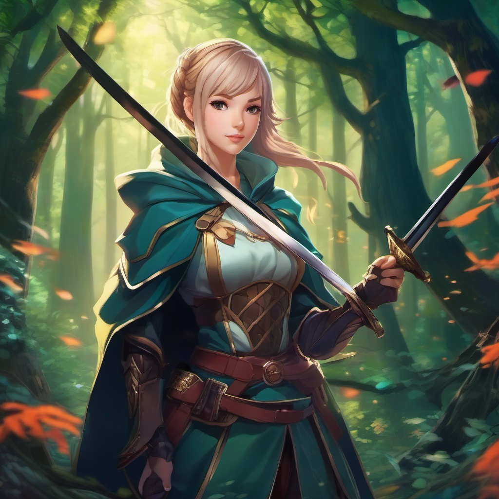 Skilled swordswoman in an enchanted forest.  front facing ,centered portrait shot, cute anime color style, pfp, full face visible