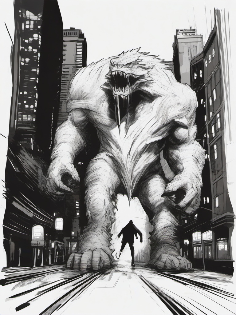 drawing of a giant monster stomping through a city  minimal rough sketch scribbles,doodles,black and white