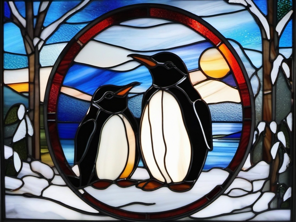 Stained Glass Penguin - Penguin couple in snowy scene  