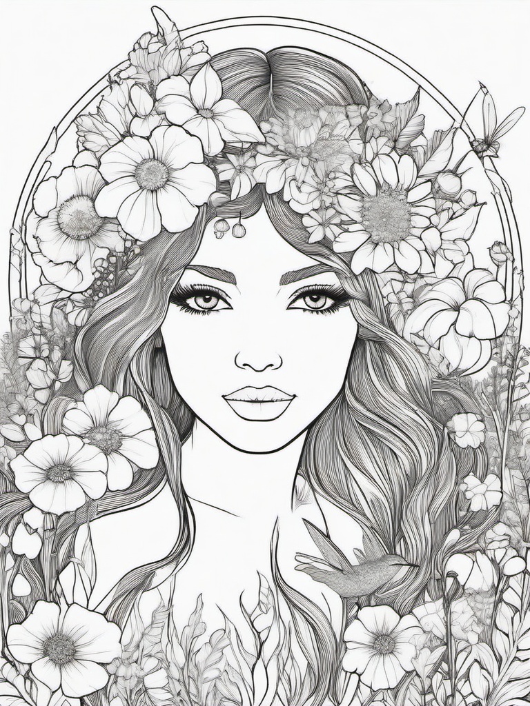 Fairy in a Field of Flowers Coloring Pages - Fairy Surrounded by a Flower Meadow  minimal black outline printable sheet, coloring page