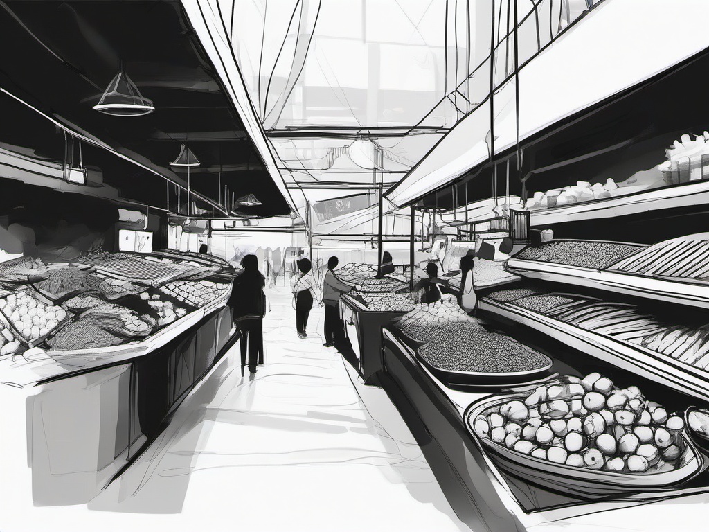 drawing of a food market  minimal rough sketch scribbles,doodles,black and white