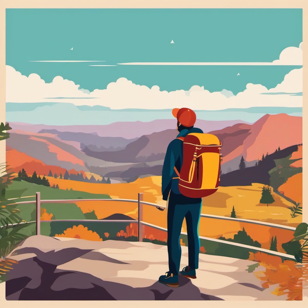 Backpacker at a Scenic Overlook Clipart - A backpacker at a scenic overlook point.  color vector clipart, minimal style