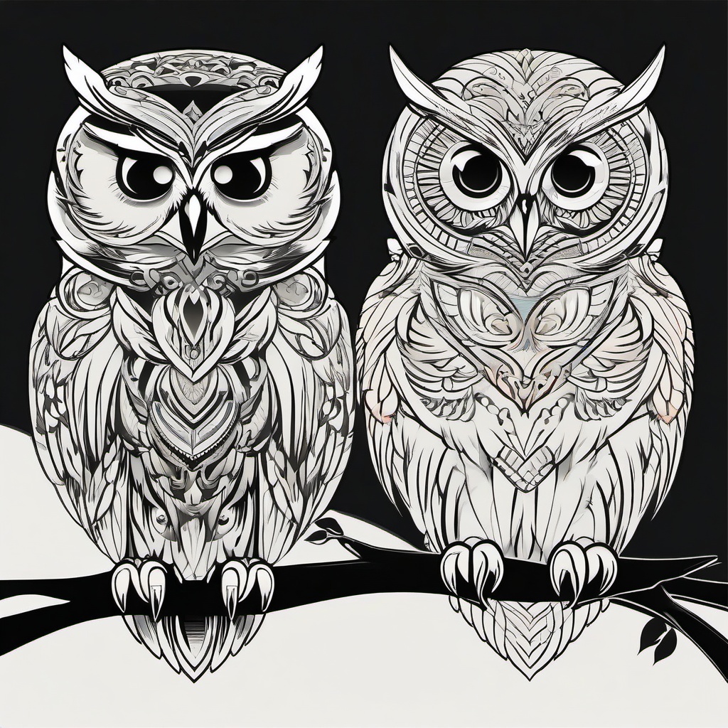 Couple Owl Tattoos - Symbolize unity with matching couple owl tattoos.  simple color tattoo,vector style,white background