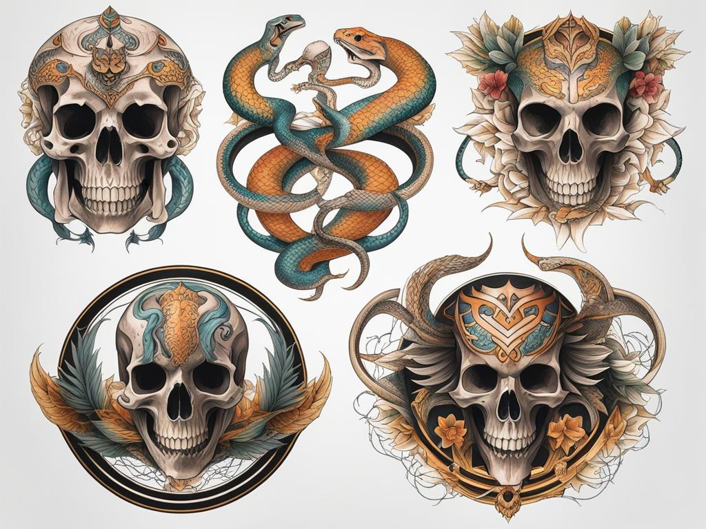 Snake skeleton tattoo, Tattoos featuring snake skeletons and bone motifs. colors, tattoo patterns, clean white background