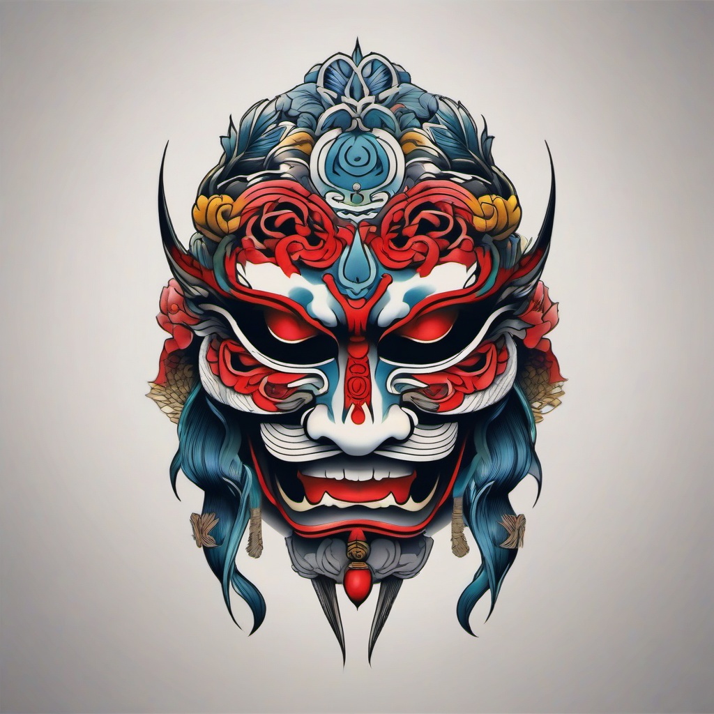 yokai mask tattoo  simple color tattoo,white background,minimal