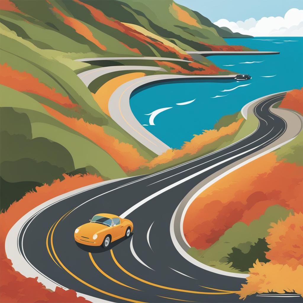 car clipart,zooming down a winding coastal highway 