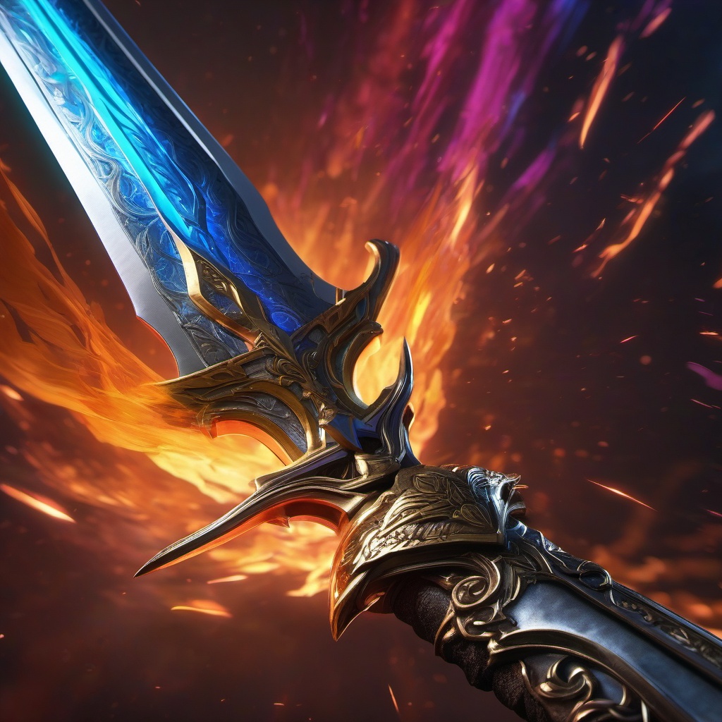 Legendary sword is said to grant immense power to its wielder but at great price. hyperrealistic, intricately detailed, color depth,splash art, concept art, mid shot, sharp focus, dramatic, 2/3 face angle, side light, colorful background