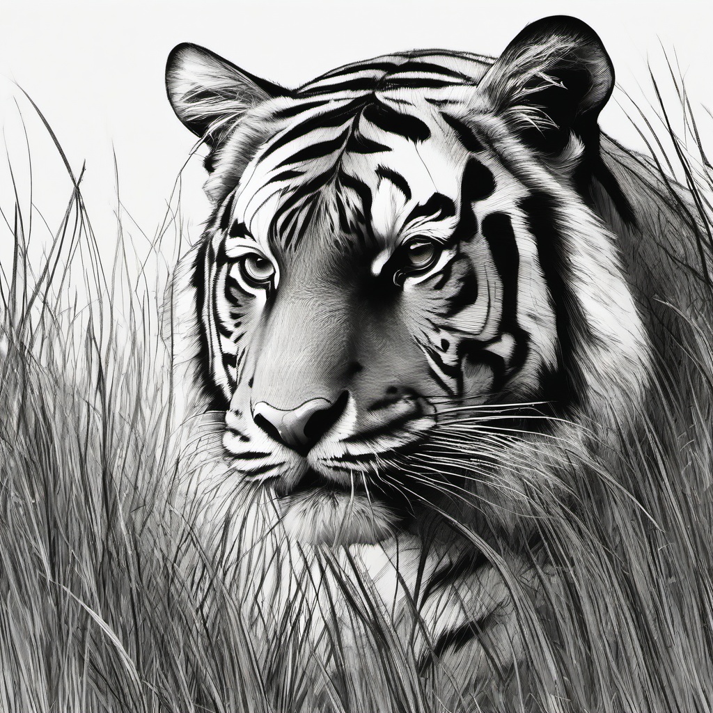 drawing of a tiger in the grass  minimal rough sketch scribbles,doodles,black and white