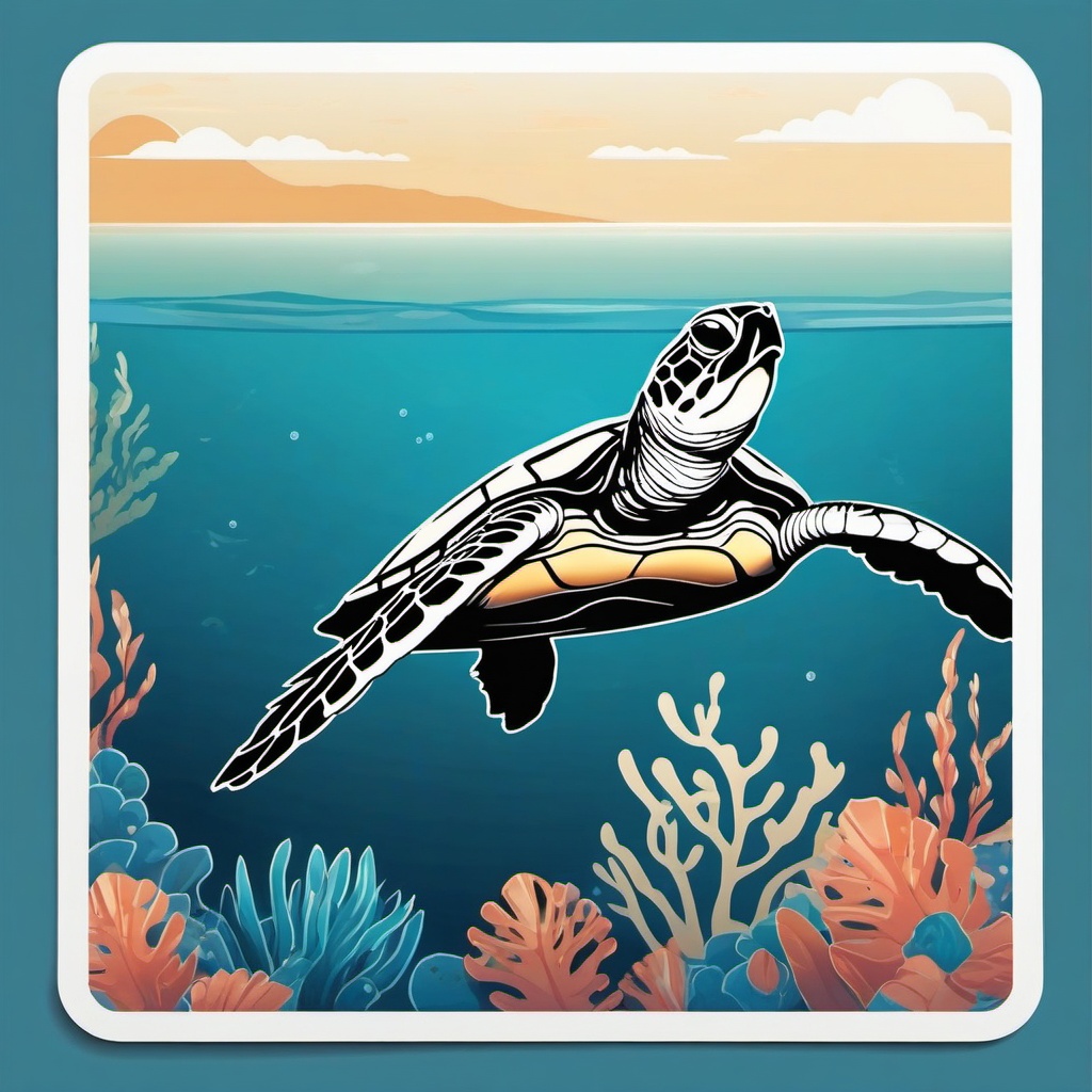 Sea Turtle Sticker - A serene sea turtle gliding through the ocean. ,vector color sticker art,minimal