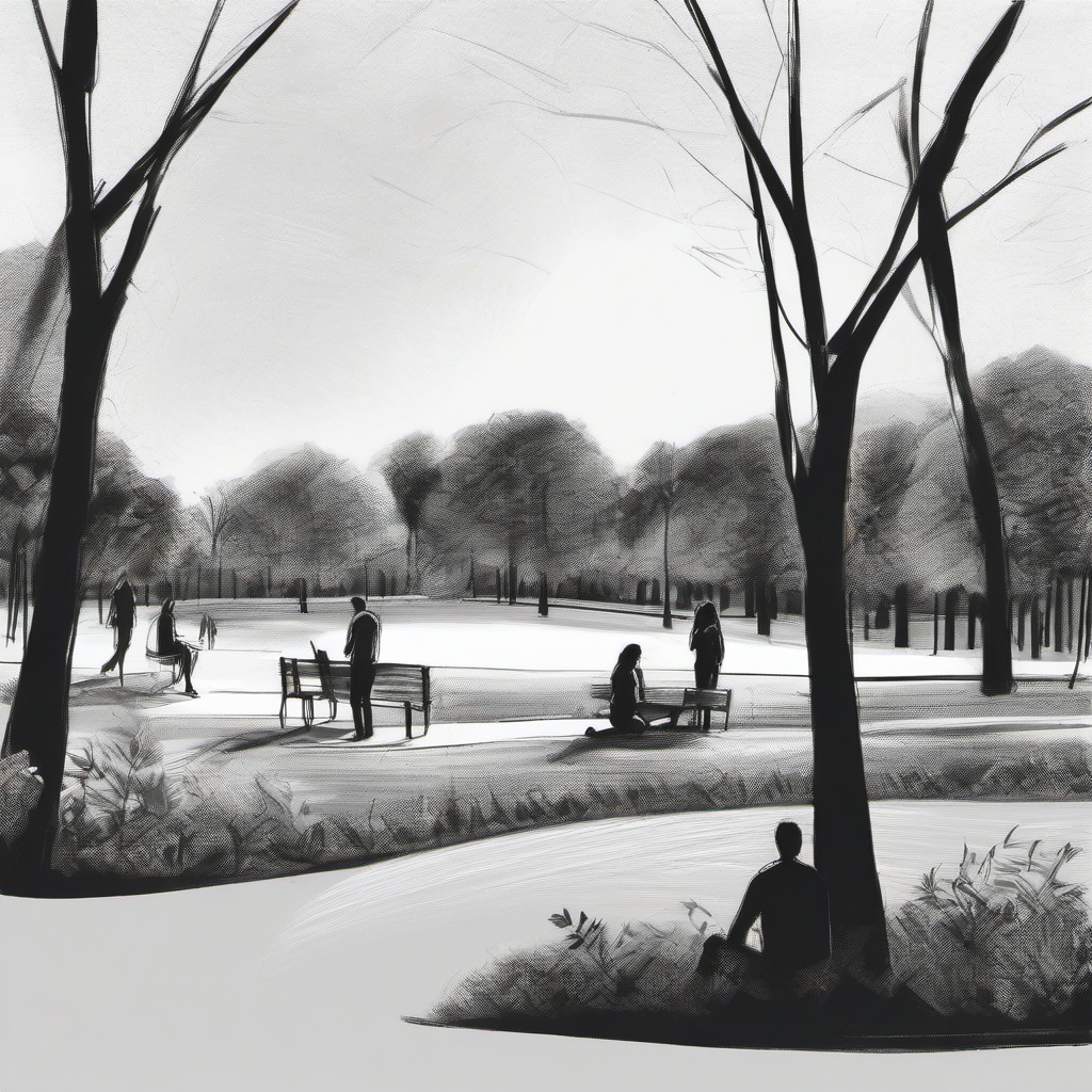 drawing of friends in a park  minimal rough sketch scribbles,doodles,black and white