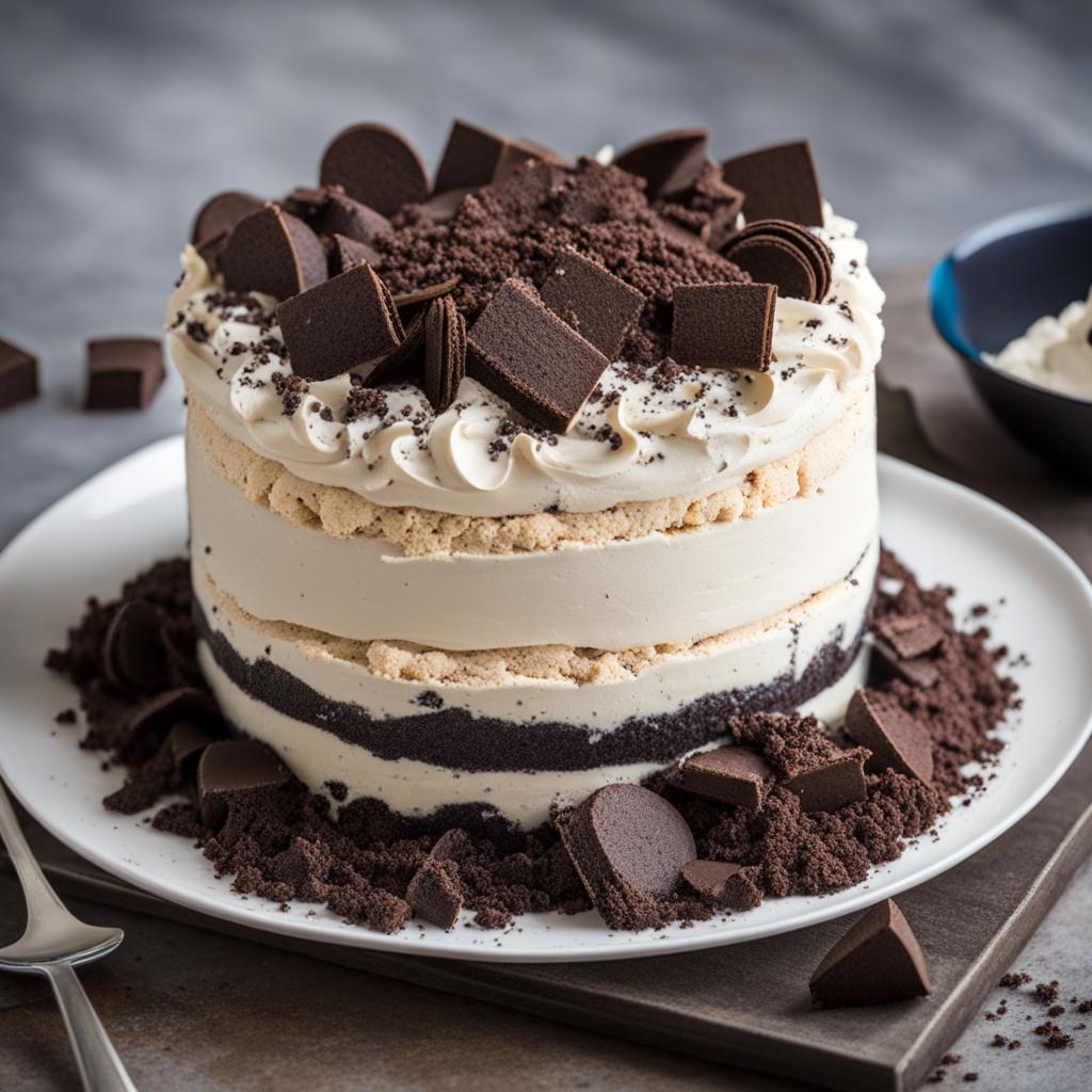 cookies and cream ice cream cake with chocolate cookie crumbs, devoured at a kids' party. 