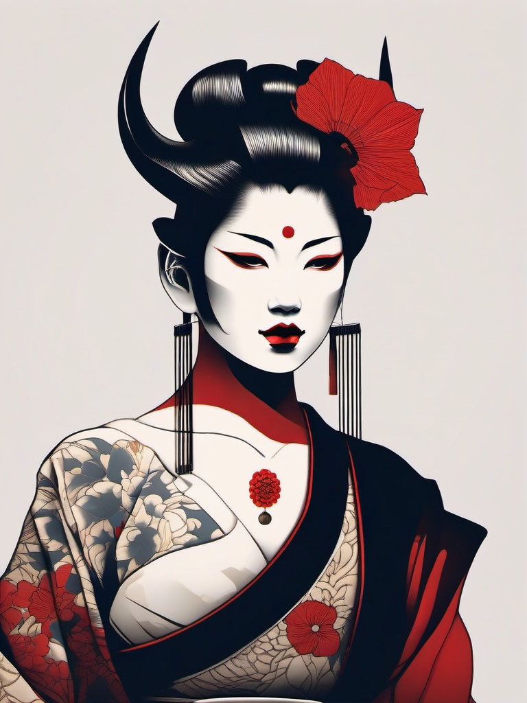 half hannya half geisha  simple color tattoo,white background,minimal