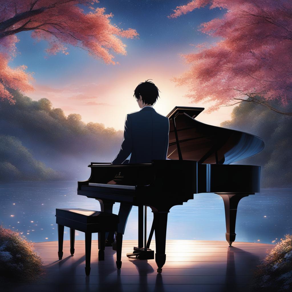 shigatsu wa kimi no uso,kousei arima,delivering a heartfelt piano performance to an enchanted audience,a moonlit lakeside hyperrealistic, intricately detailed, color depth,splash art, concept art, mid shot, sharp focus, dramatic, 2/3 face angle, side light, colorful background