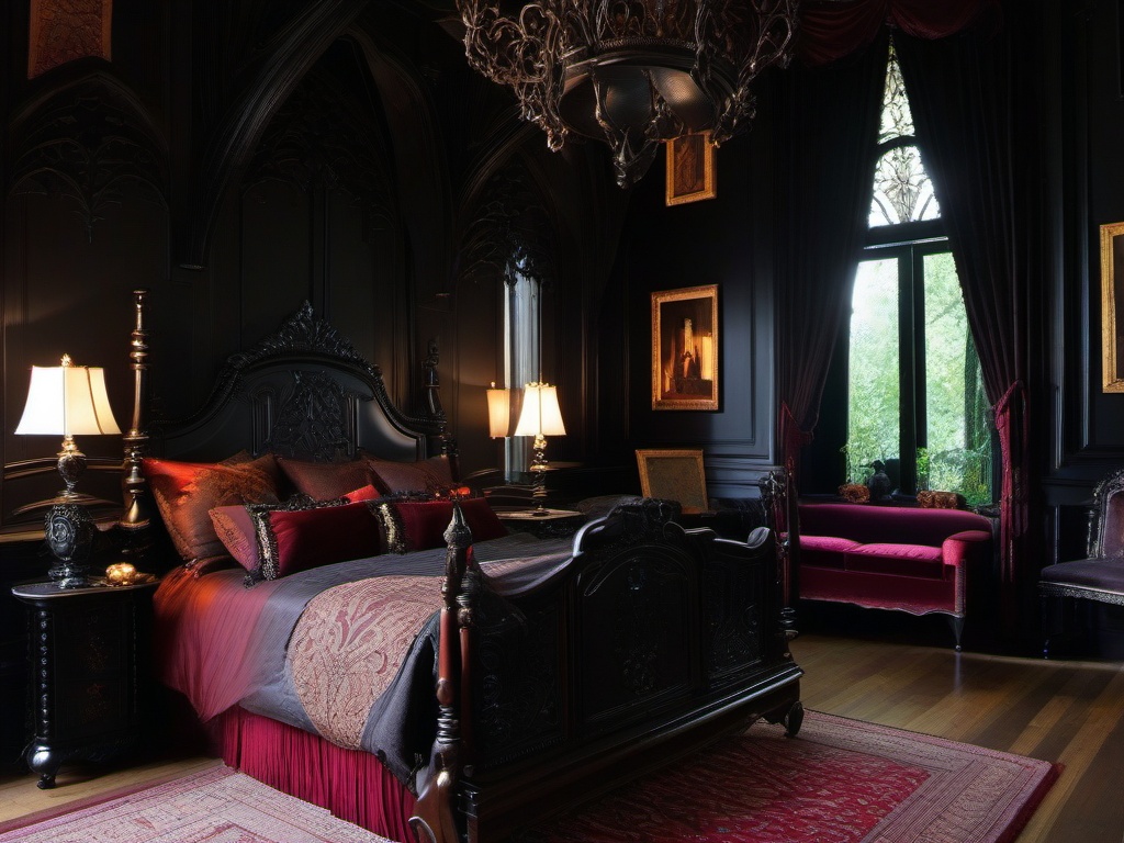 Gothic bedroom features dark wood furniture, rich colors, and ornate details, creating a dramatic and moody sanctuary for sleep.  