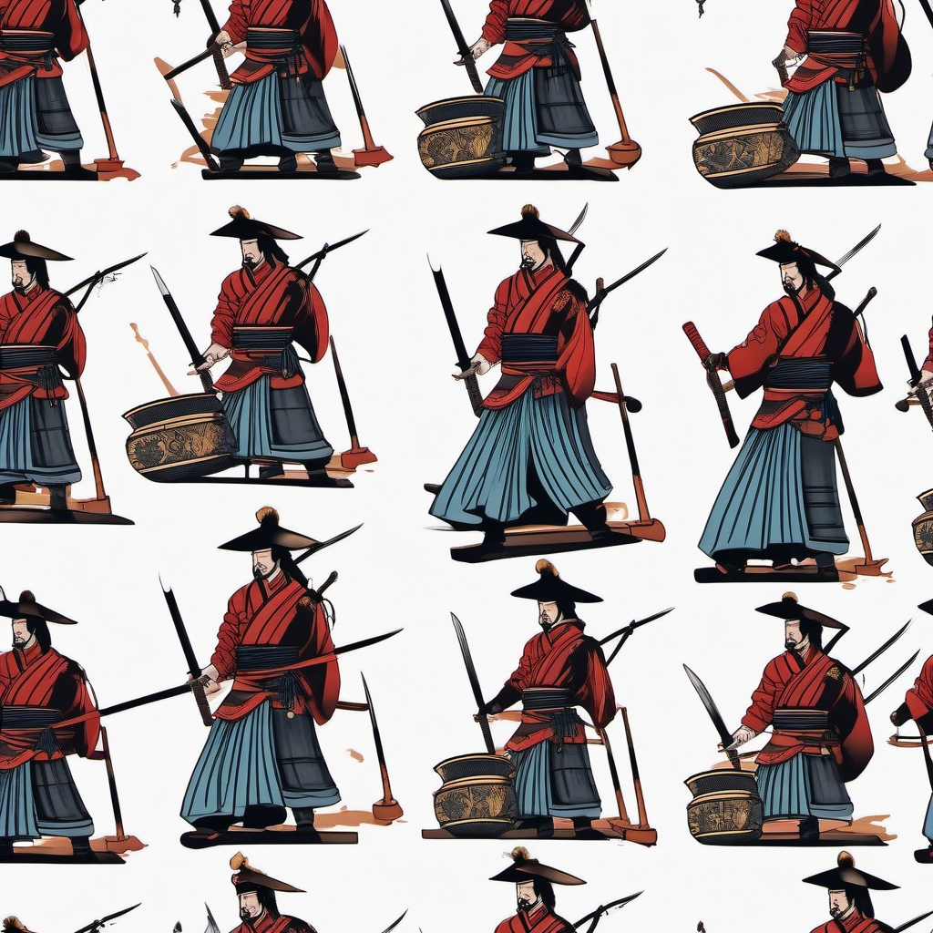 Samurai tattoo carrying the weight of ancient scrolls.  color tattoo,minimalist,white background