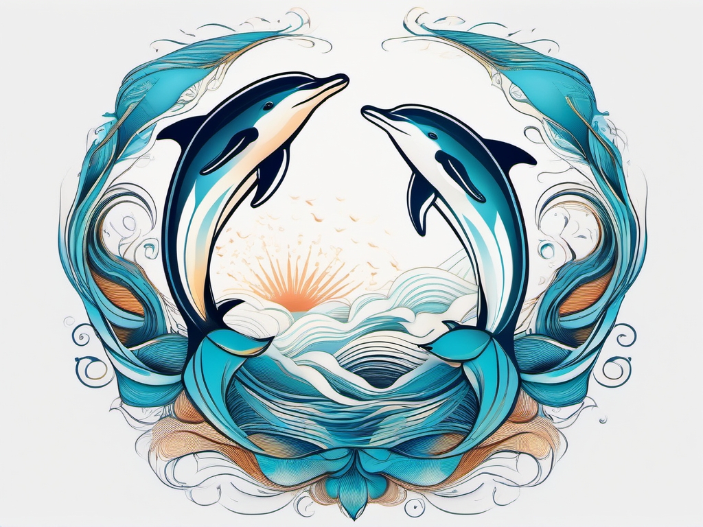 Mystic Pod - Dolphins swimming in a mystical formation, embodying unity and connection.  outline color tattoo,minimal,white background