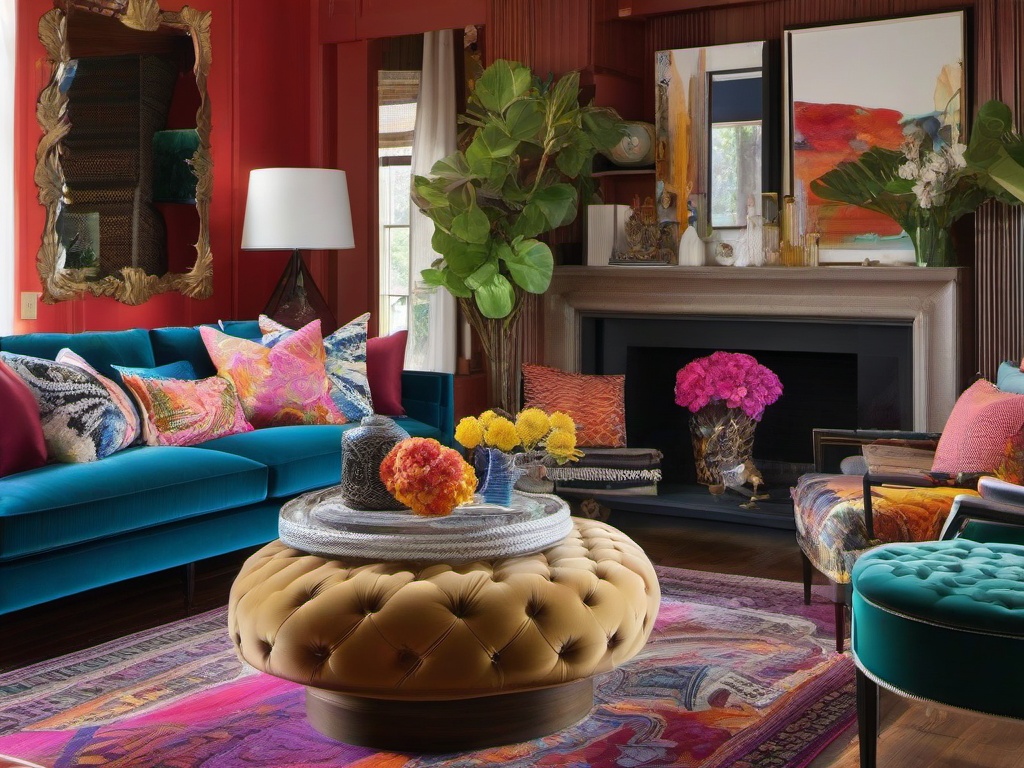 Maximalist living room showcases an abundance of colors, patterns, and textures that come together to create a lively and dynamic gathering space.  