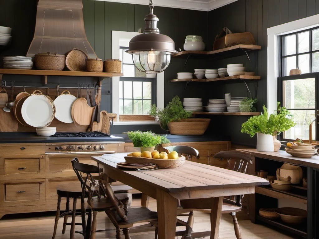 Farmhouse kitchen offers a large wooden dining table, open shelves filled with dishware, and vintage accents for a warm, homey feel.  