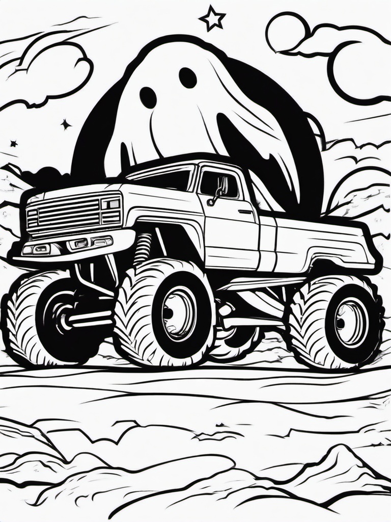 Monster Truck with Ghost Design Coloring Pages - Spooky Trucks with Ghost Graphics  minimal black outline printable sheet, coloring page