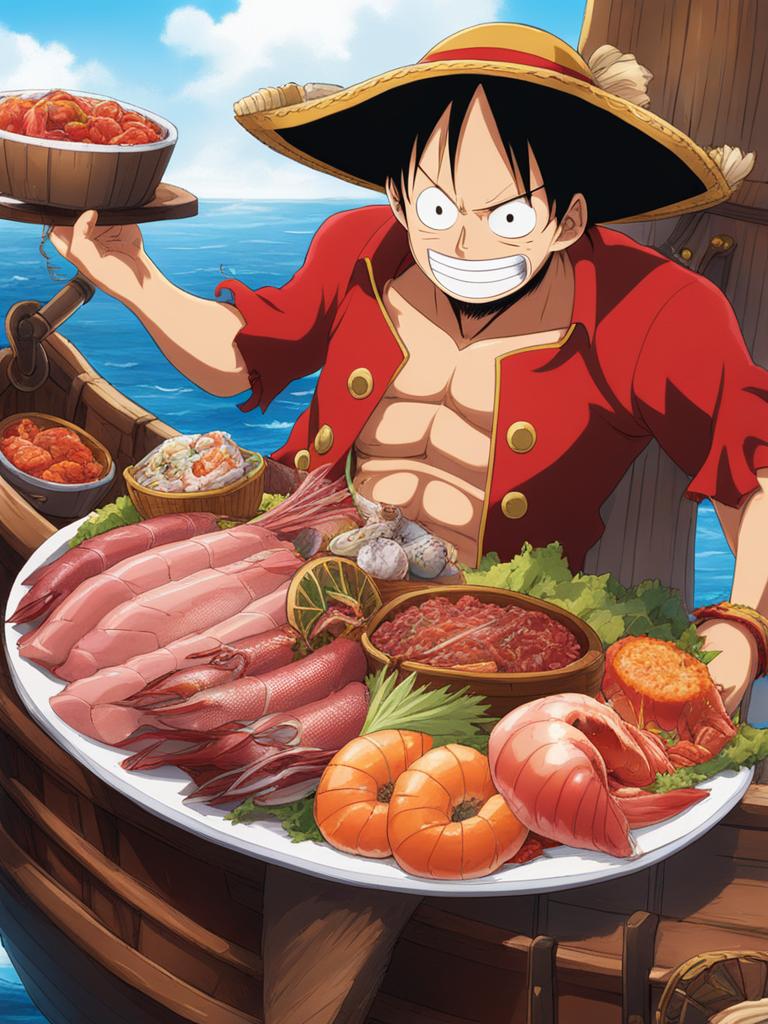 luffy devours a massive feast of meat and seafood on a lively pirate ship. 