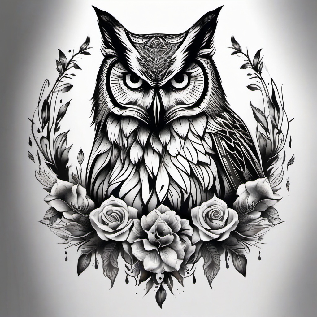 Owl and Wolf Tattoo,stunning union of the owl and the wolf, marriage of elegance and power. , tattoo design, white clean background