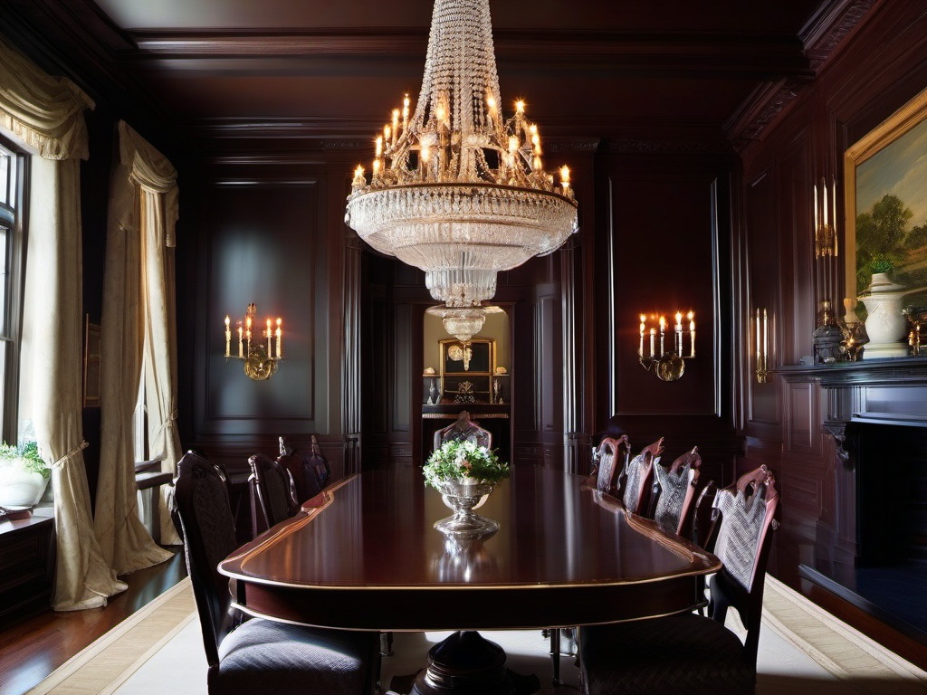 Colonial dining room is a stately tribute to American heritage with dark mahogany furnishings, intricate molding, and a grand chandelier that presides over formal gatherings.  