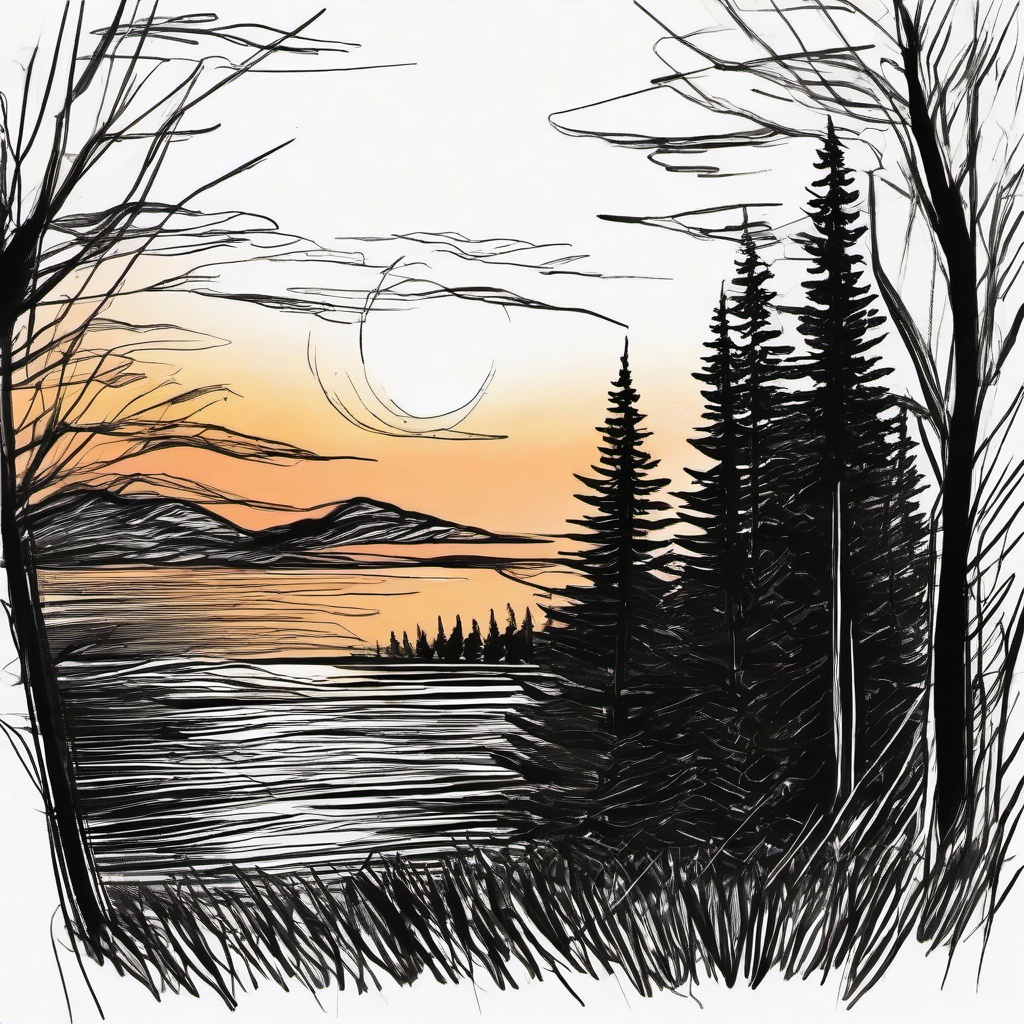 drawing of a sunset over a forest  minimal rough sketch scribbles,doodles,black and white