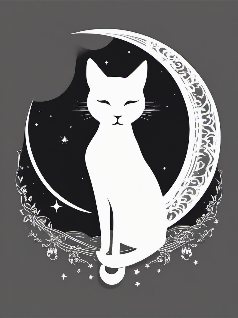 Cat and Moon Silhouette Tattoo - Tattoo featuring a cat silhouette with a moon background.  minimal color tattoo, white background