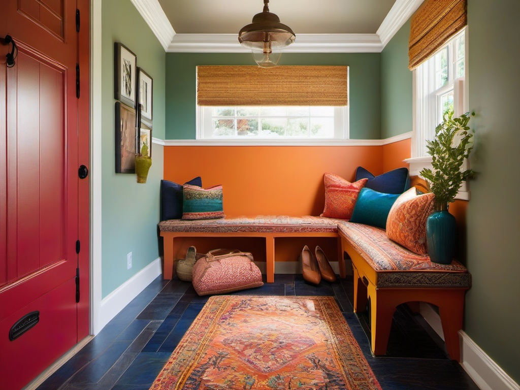 Mediterranean mudroom features bright colors, textured surfaces, and cozy seating that creates an inviting atmosphere for coming and going.  