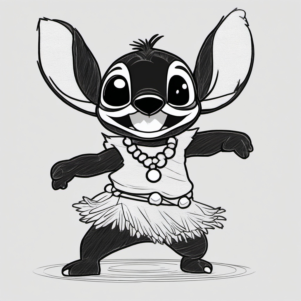 drawing of Stitch dancing hula  minimal rough sketch scribbles,doodles,black and white