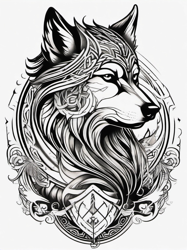 Norse Wolf Tattoo,wolf tattoo inspired by Norse mythology, symbol of the untamable and inevitable forces. , color tattoo design, white clean background