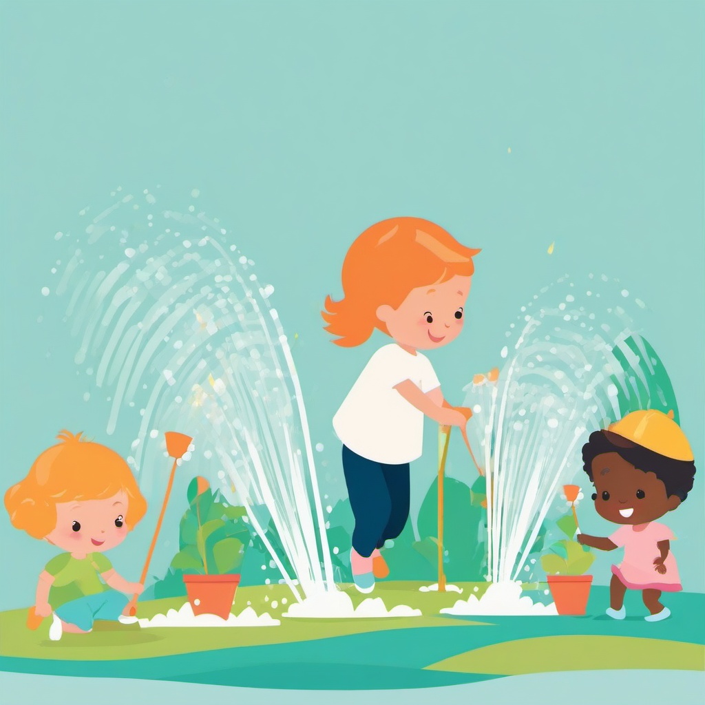 June clipart - children playing in sprinklers in June  color,minimalist,vector clipart