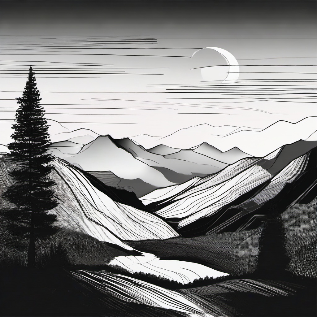 drawing of a sunset in the mountains  minimal rough sketch scribbles,doodles,black and white