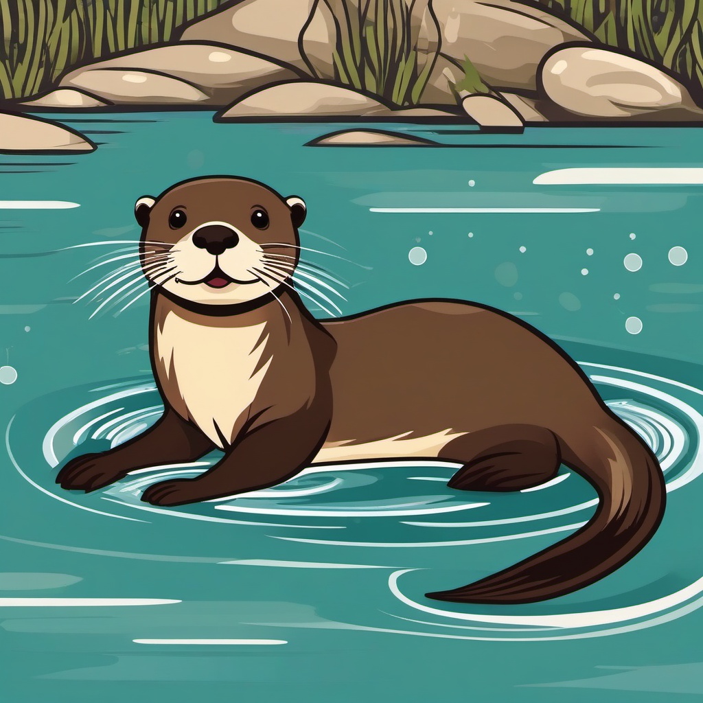 Otter Clip Art - Playful otter swimming in a river,  color vector clipart, minimal style