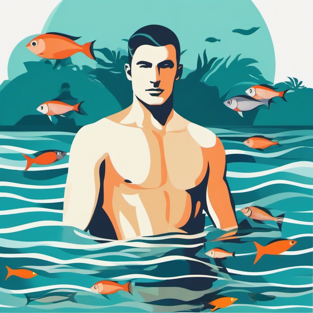 Swimmer clipart - swimmer in a tropical ocean with fish  color,minimalist,vector clipart