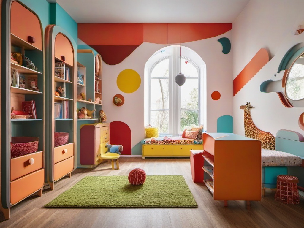 In the kids' room, surrealist interior design showcases whimsical furniture, vibrant colors, and playful artwork that inspire creativity and imaginative play.  