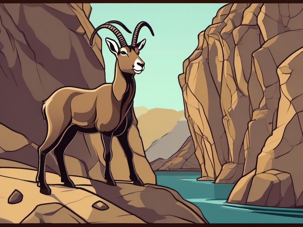 Ibex Cartoon - Cartoon of ibex on a rocky cliff  