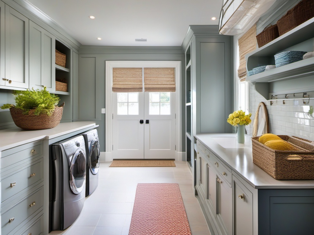 A utility room designed with Hampton interior design includes practical storage solutions, bright accents, and a cheerful layout that makes chores feel stylish and manageable.  