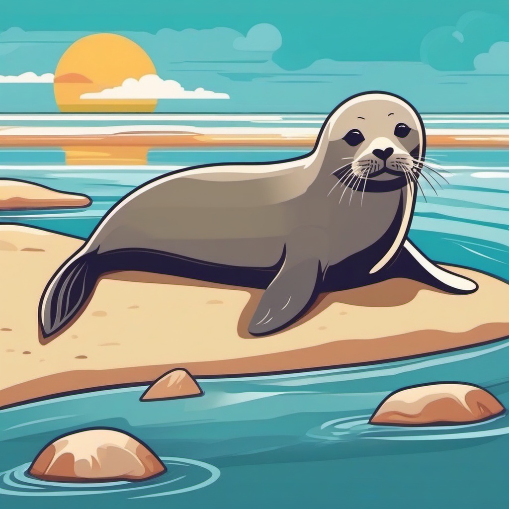 Seal Clip Art - Cute seal sunbathing on the shore,  color vector clipart, minimal style