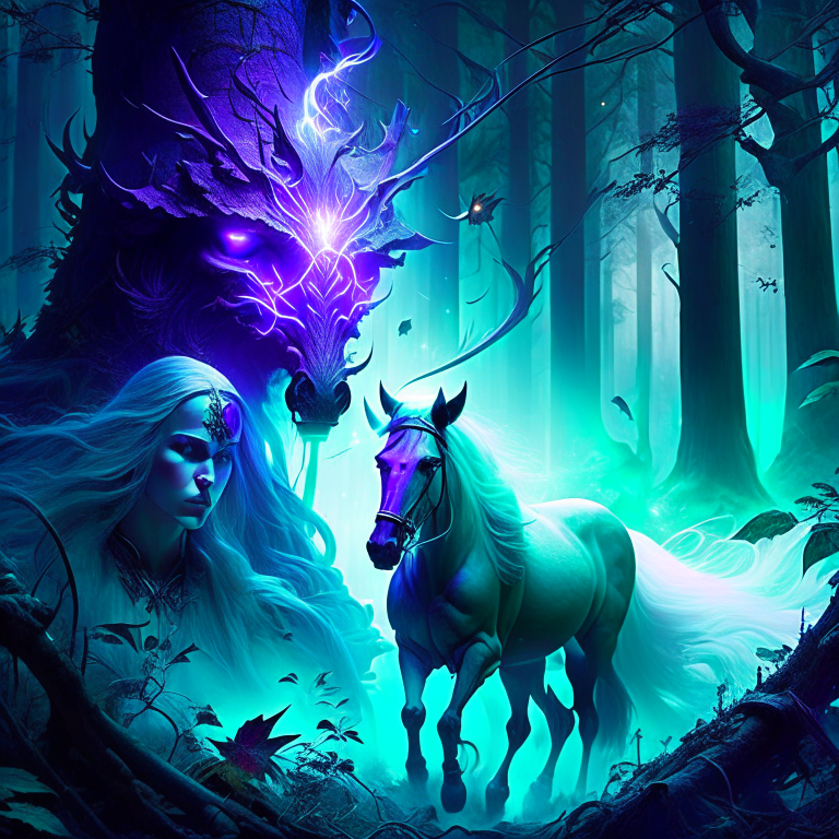 spirit of the haunted forest, facing spectral creatures in a battle to reclaim her realm. 