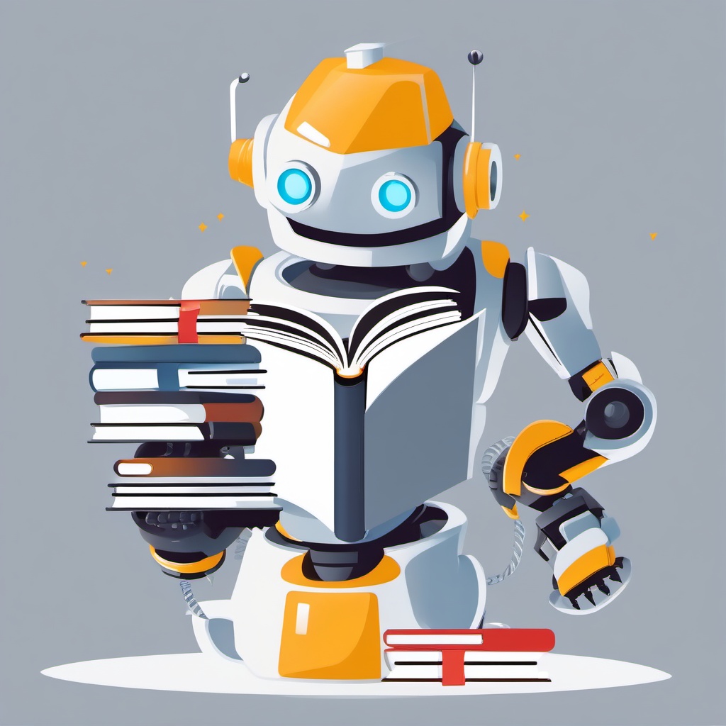 Robot reading a book clipart.  vector style illustration, white background